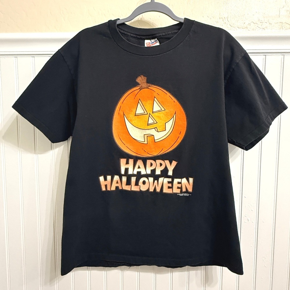 Hanes Unisex Vintage Happy Halloween Pumpkin Single Stitch Tee, Black Orange,L